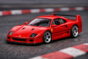 Hot Wheels Ferrari F40 die-cast model car in red displayed on a miniature racetrack background
